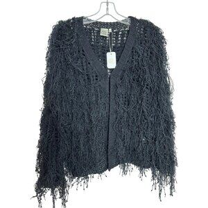 Fashion Apparel Black Fringe Open Front Cardigan Sweater Long Sleeve, S/M - L/XL